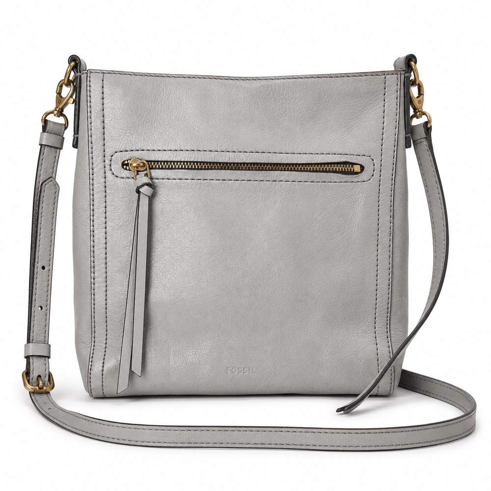 Fossil Gray Leather Crossbody Bag Purse Gold Hardware Front Zip Adjustable